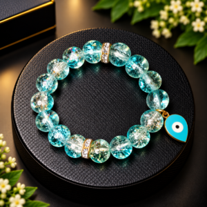 Aqua Blue Crystal Bead Bracelet with Evil Eye