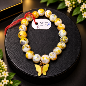 Golden Butterfly Yellow & White Marbled Bead Bracelet
