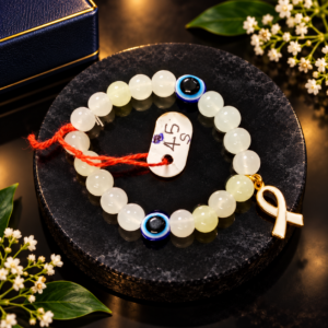 White Beaded Evil Eye Bracelet with Ribbon Charm