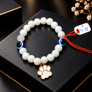 White Beaded Bracelet with Evil Eye & Paw Charm
